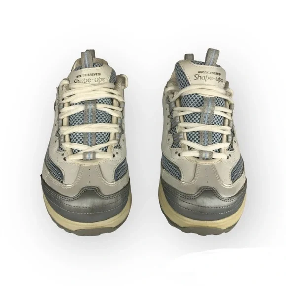 Skechers Shape-Ups Leather Walking Fitness Shoes Silver Blue Off-White Gray - Picture 6 of 13